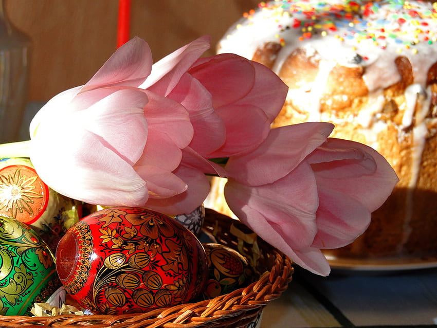 Mattina di Pasqua, vacanze, decorazione, Pasqua, fiori, giorni speciali, tulipani, uova Sfondo HD