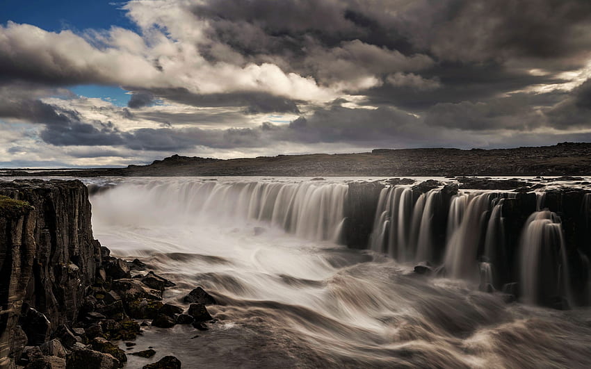 Selfoss, Iceland, river, clouds, cascades, landscape, sky, cliff, rocks HD wallpaper