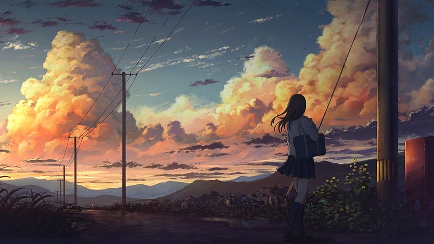 Аниме пейзаж, аниме момиче, облаци, живопис, небе, естетически облак HD тапет