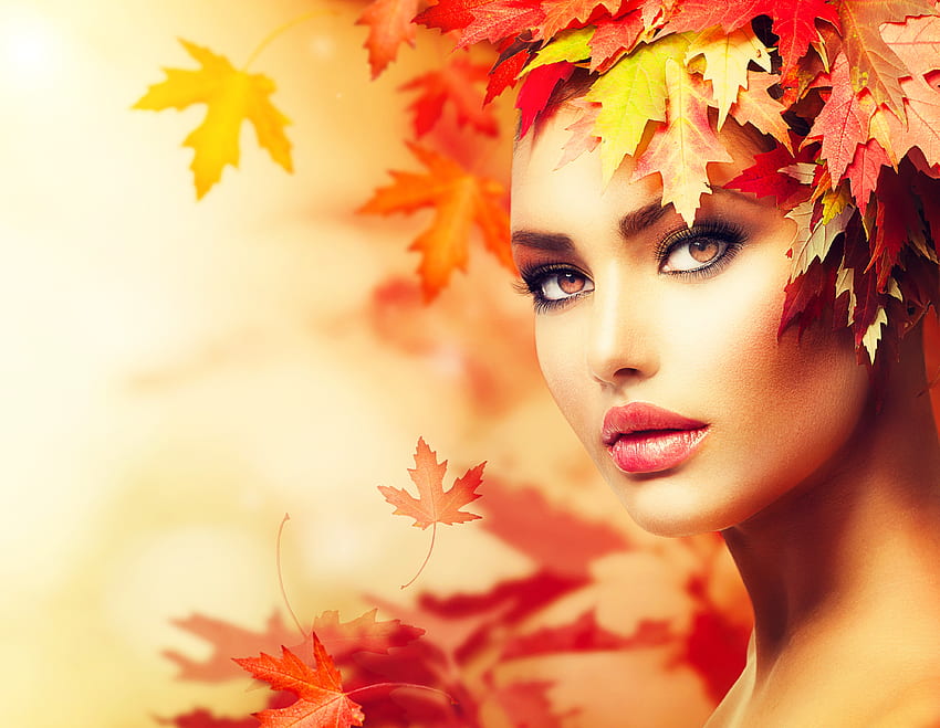 Piękno, model, kolor żółty, czerwień, twarz, jesień, liść, dziewczyna, anna subbotina Tapeta HD