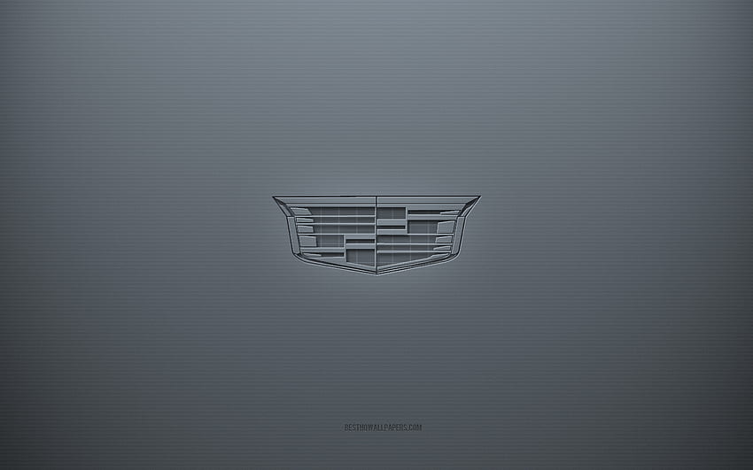 Лого на Cadillac, сив творчески фон, емблема на Cadillac, текстура на сива хартия, Cadillac, сив фон, лого на Cadillac 3d HD тапет