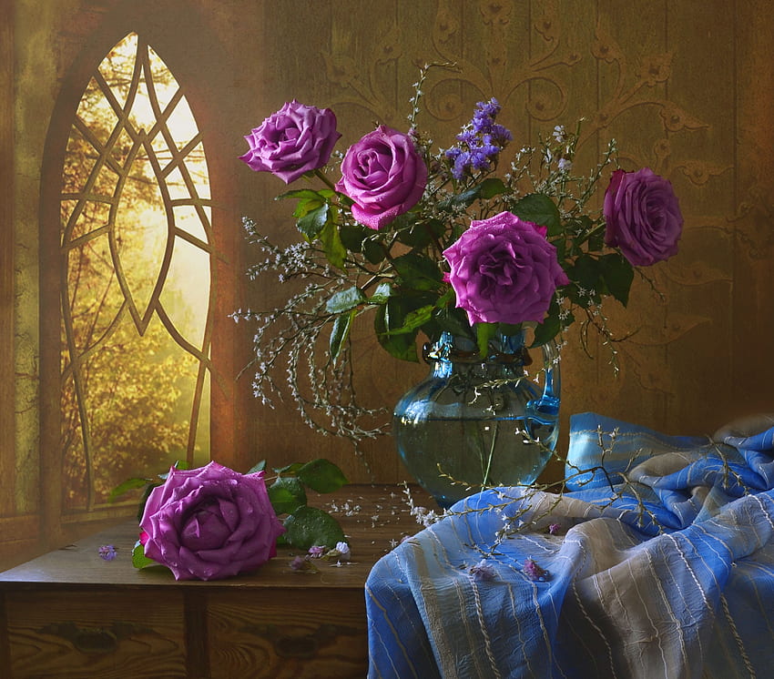 Roses, Flowers, Vase, Window HD wallpaper