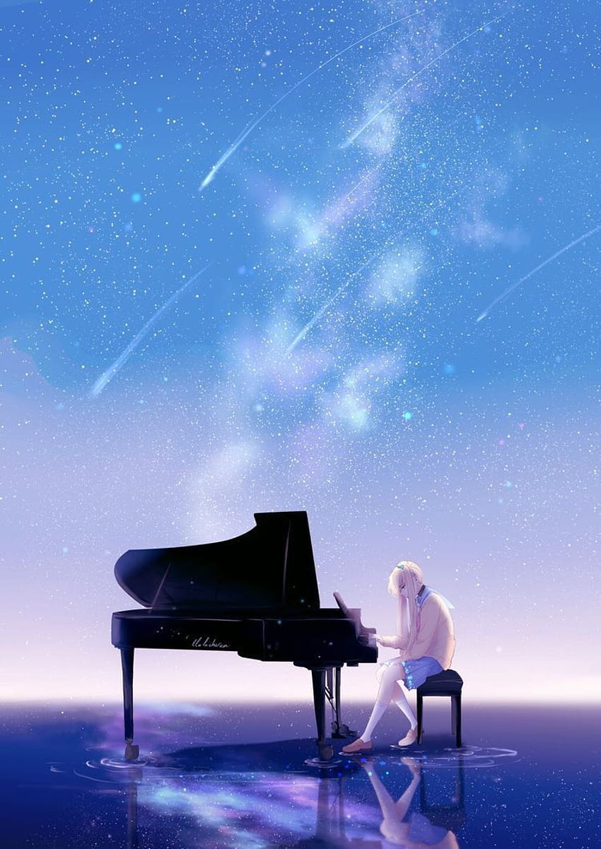 Anime girl playing piano scenic back view instrument music stars  night HD wallpaper  Peakpx