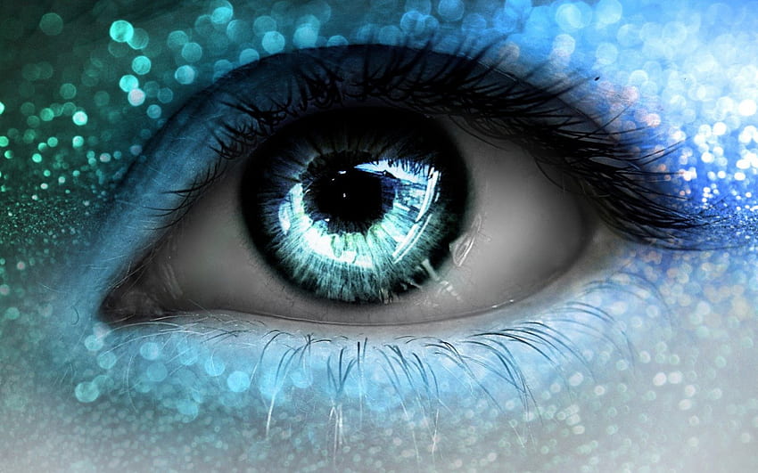 Oeil bleu, bleu, blanc, maquillage, paillettes, vert, oeil Fond d'écran HD