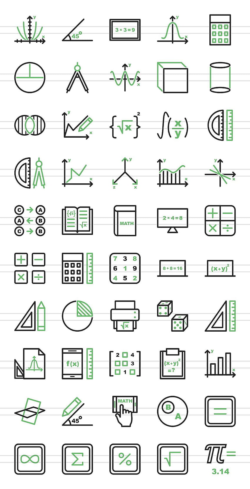 Simboli matematici icona verde e nera. Design matematico, disegno matematico, logo matematico Sfondo del telefono HD