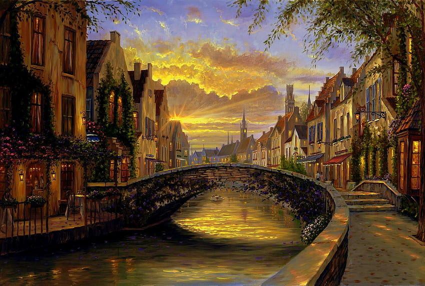 Splendor, canal, city, clouds, trees, bridge, houses, water, sunset HD wallpaper