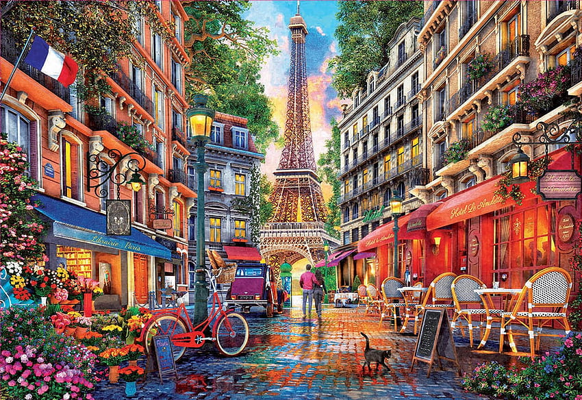 Paris, tables, street, flowers, people, houses, car, artwork, restaurant, chairs, digital, eiffel tower HD wallpaper