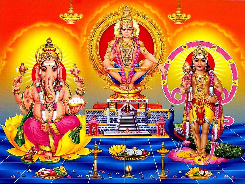 Swamy Ayyappa z Lordem Ganesha i Lordem Muruganem. Panie, hinduski zakonnik Tapeta HD