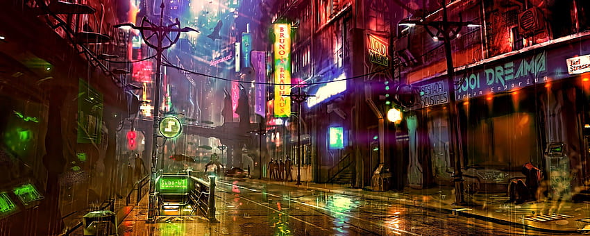 Ville futuriste Cyberpunk Neon Street Art numérique, Neon Dual Monitor Fond d'écran HD