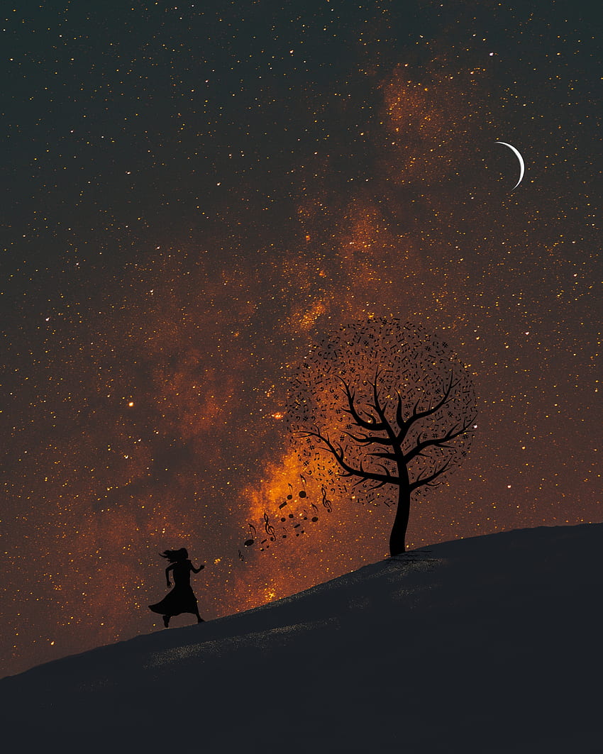 Music, Art, Silhouette, Wood, Tree, Starry Sky, Notes HD phone wallpaper