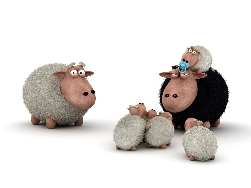 A Large Sheepz Family, branco, preto, crianças, 3d, família, ovelha, criança papel de parede HD