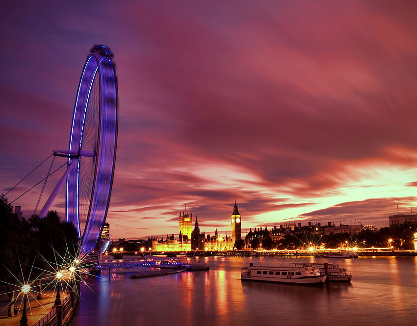 London, Cities, Rivers, Great Britain, Architecture, Lights, Backlight, Illumination, Evening, Ferris Wheel, Embankment, Quay, United Kingdom, England, Thames, Capital HD wallpaper