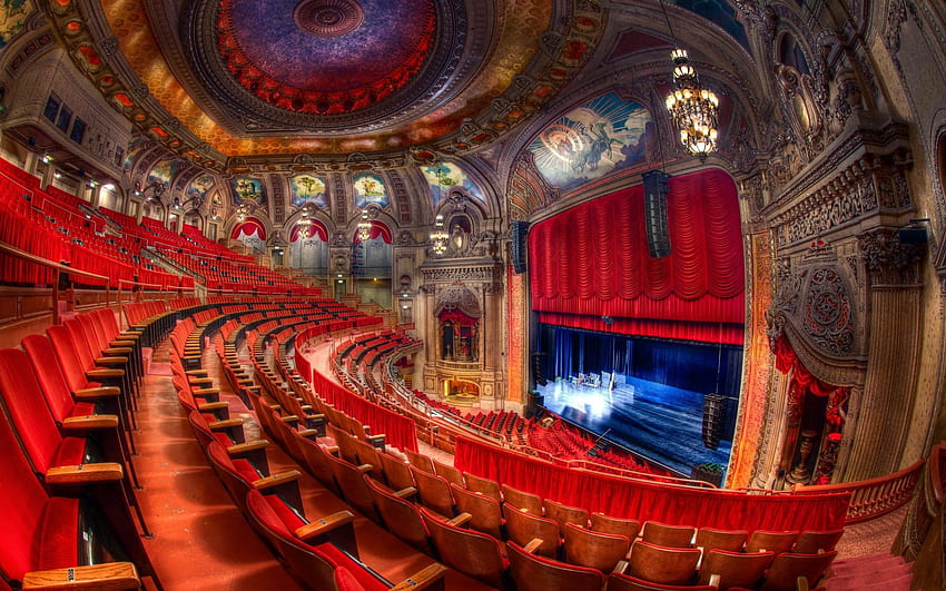 Театър Чикаго сцена червени столове светлина красота интериорен дизайн стая, театрална сцена HD тапет