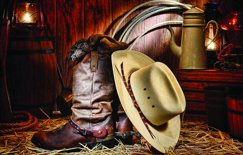hat, cowboy, boots, stable for , section стиль - HD wallpaper