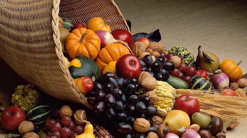 Herbsternte Breit - . Thanksgiving-Füllhorn, Thanksgiving, reiche Ernte, Obst und Gemüse in hoher Auflösung HD-Hintergrundbild