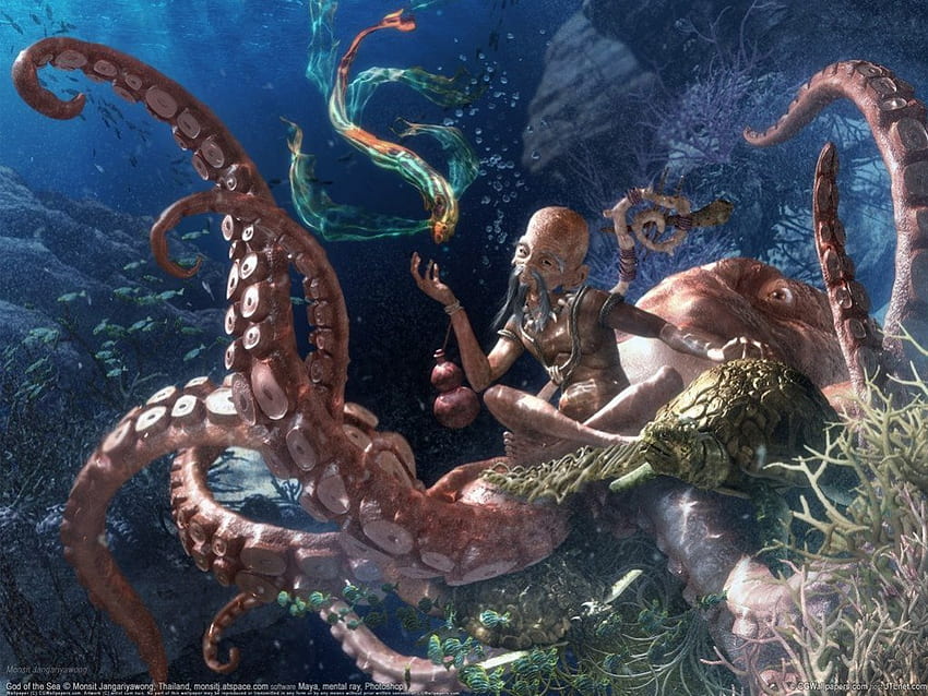 Undersea Immortal, wise man, octopus, art, ocean HD wallpaper