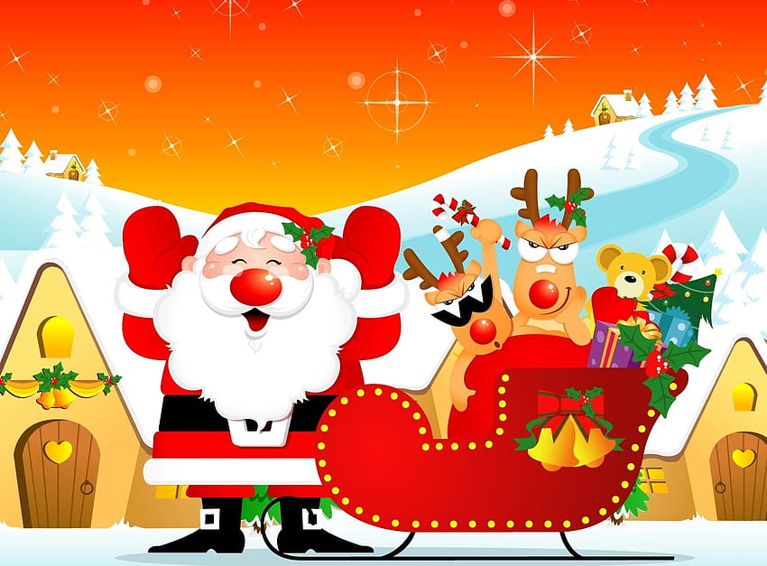 Holidays, Houses, Santa Claus, Deers, Christmas, Holiday, Sleigh, Sledge, Gifts, Presents HD wallpaper