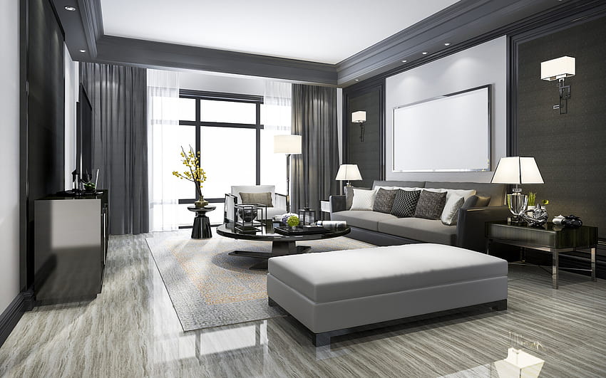 graues wohnzimmer, stilvolles interieur, graues und weißes innendesign, graue möbel, wohnzimmer HD-Hintergrundbild