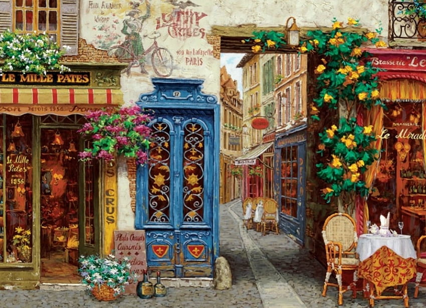 Rue Lafayette, artwork, painting, restaurants, path, flowers, shops HD wallpaper