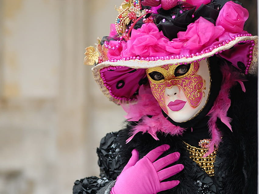 rose, Venise, noir, masque, carnaval Fond d'écran HD