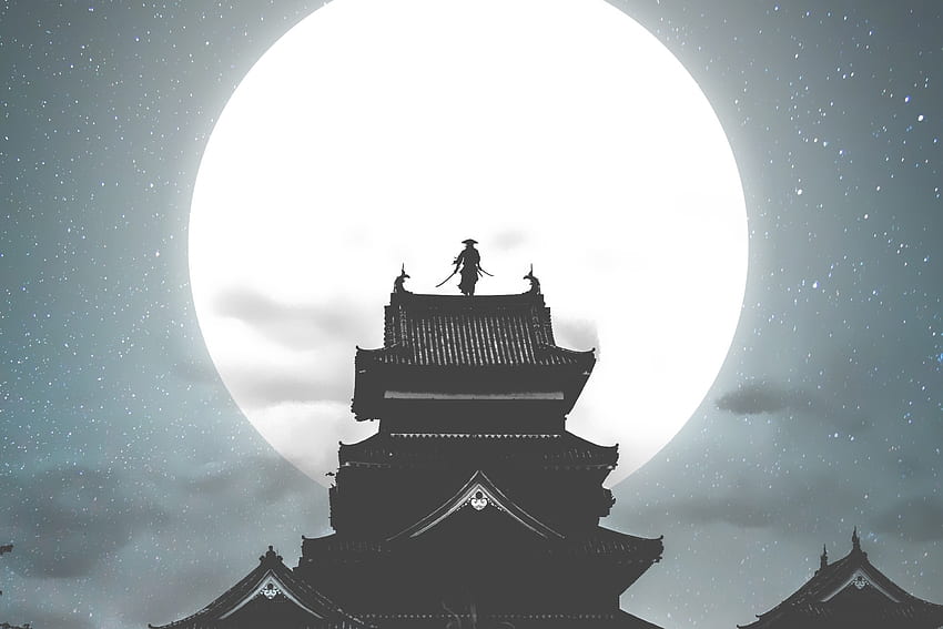 luna, casa, samurai, guerrero, noche, arte fondo de pantalla