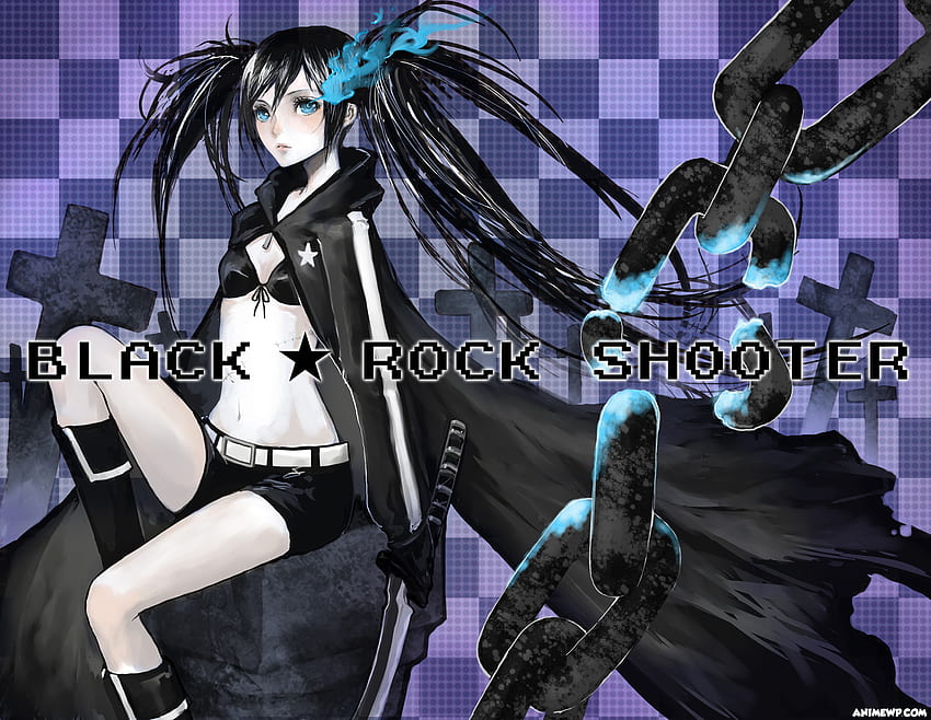 Black Rock Shooter, blue, checkered, sword, hatsune miku, twintail, vocaloid, star, miku, chain, anime, hatsune, blaze blue fire HD wallpaper