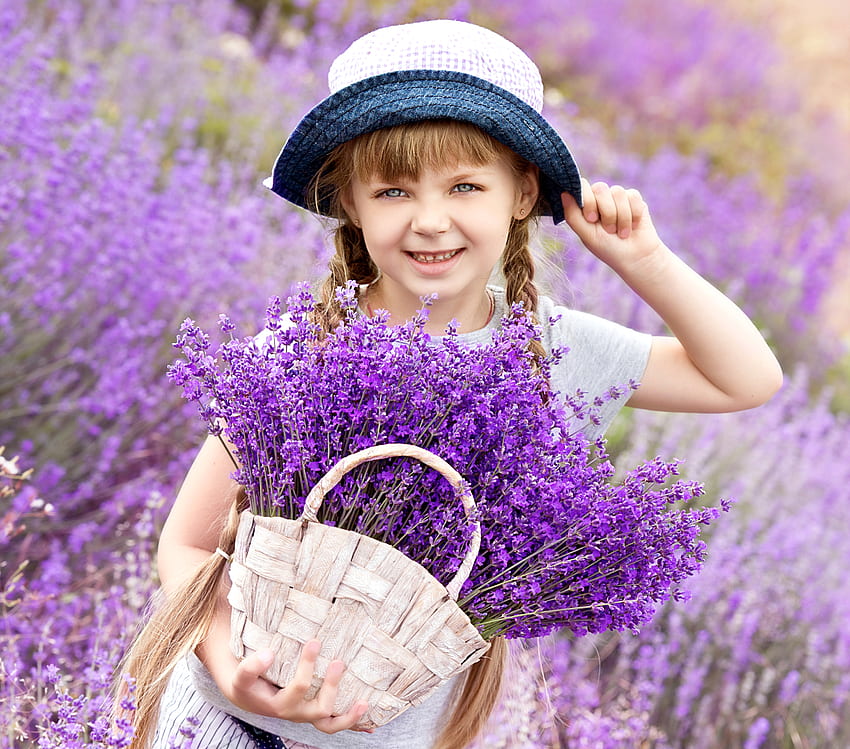 Little girl, blue, white, cute, girl, copil, summer, basket, purple, pink, field, flower, lavender, child, vara, hat HD wallpaper