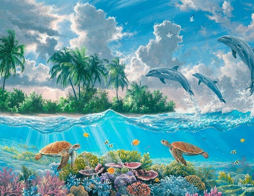 Island, blue, sea, art, abraham hunter, turtle, painting, pictura, sky, fish, water, cloud HD wallpaper