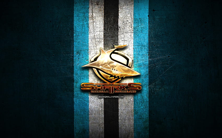 Cronulla Sharks, goldenes Logo, National Rugby League, blauer Metallhintergrund, australischer Rugby-Club, Cronulla Sharks-Logo, Rugby, NRL HD-Hintergrundbild