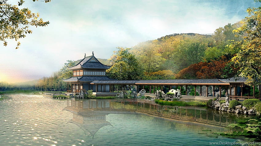 Casa Japonesa Con Un Gazebo En El Del Lago, Casa Tradicional Japonesa fondo de pantalla