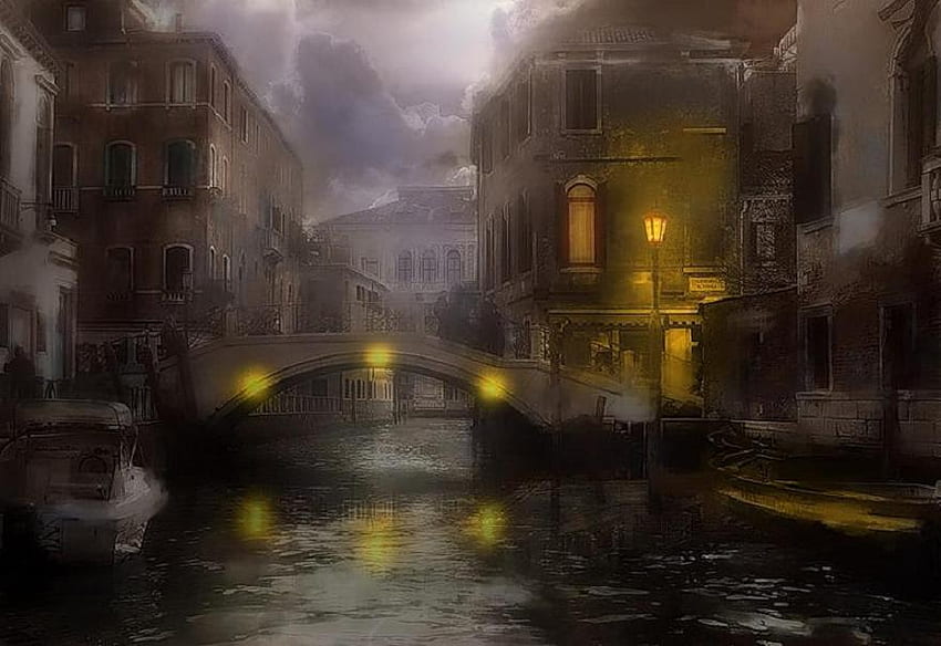Dawn Breaking a Venezia, nebbia, edifici, lampade, barche, canali, ponti Sfondo HD