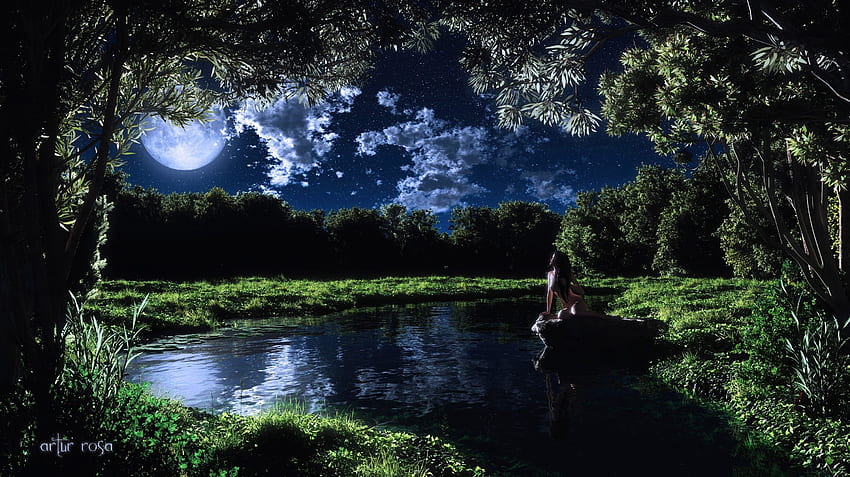 Night Moon Relax, Night River HD wallpaper