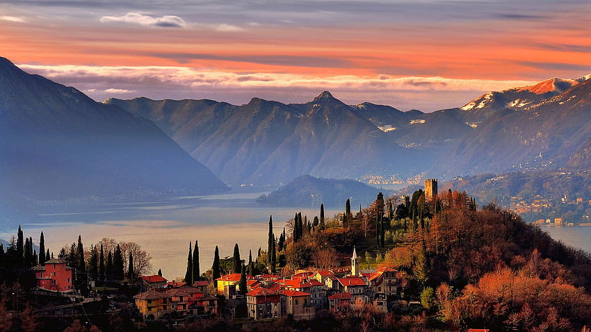 ヴァレンナ、コモ湖、サモア、イタリア、山 高画質の壁紙