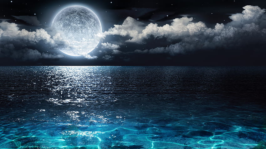 Full moon, blue sea, clouds, night, beautiful nature landscape U HD wallpaper