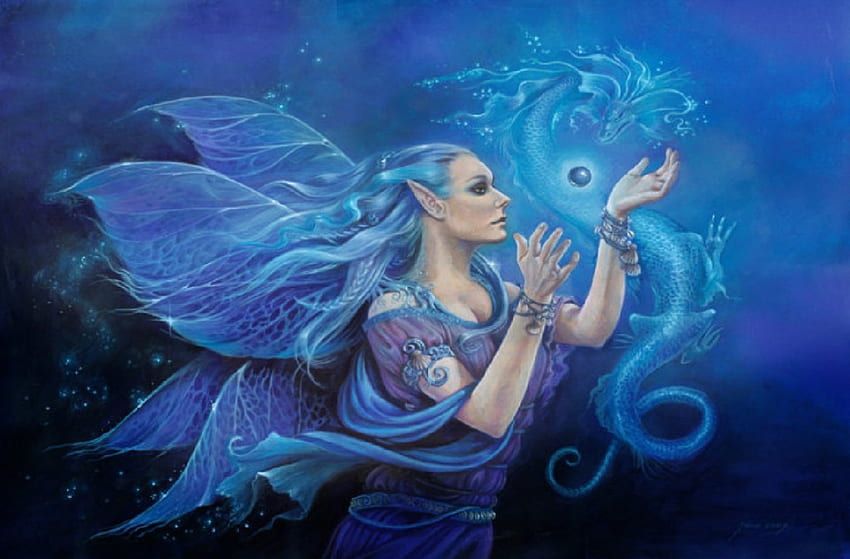 Fairy And Water Dragon, blue, fairy, magic, drgon, water HD wallpaper