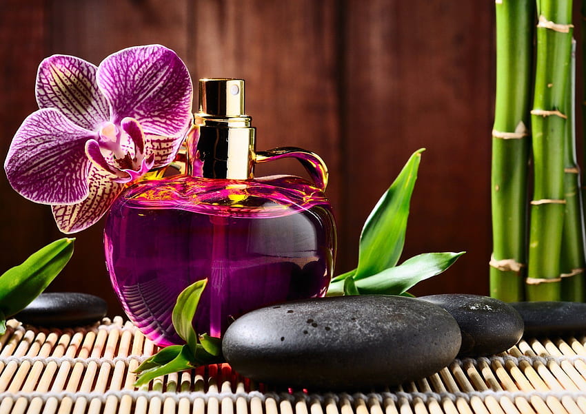 парфюм духи флакон цветок орхидея камни черные базальтовые массажные, Orchid Zen HD wallpaper