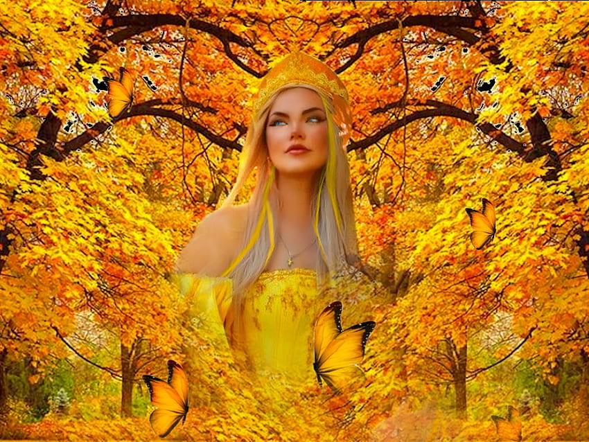 Yellow Royale, ragazza, vestito, arancione, regalità, farfalle, corona, foglie, vivido, luminoso, verde, giallo, audace, alberi, regina, foresta, colorato, nero, vibrante Sfondo HD