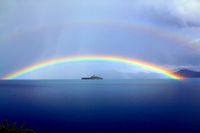 RAINBOW ARCH, sea, island, rainbow, arch, nature HD wallpaper