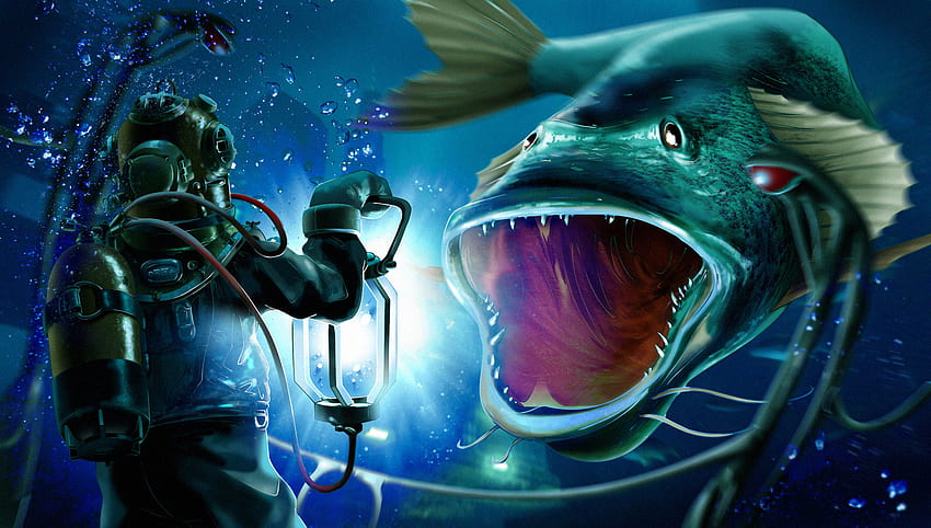 Big Fish, aquatic, , underwater, digital art, fish, water HD wallpaper