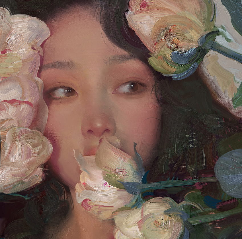 Scent of white roses, rose, white, fantasy, asian, portrait, lsqz, face, girl HD wallpaper
