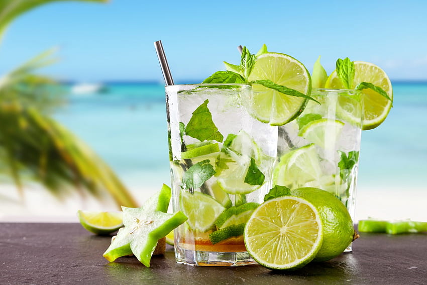 Mojito, cocktail, tropical, fresh, lime, drink, ice, beach HD wallpaper