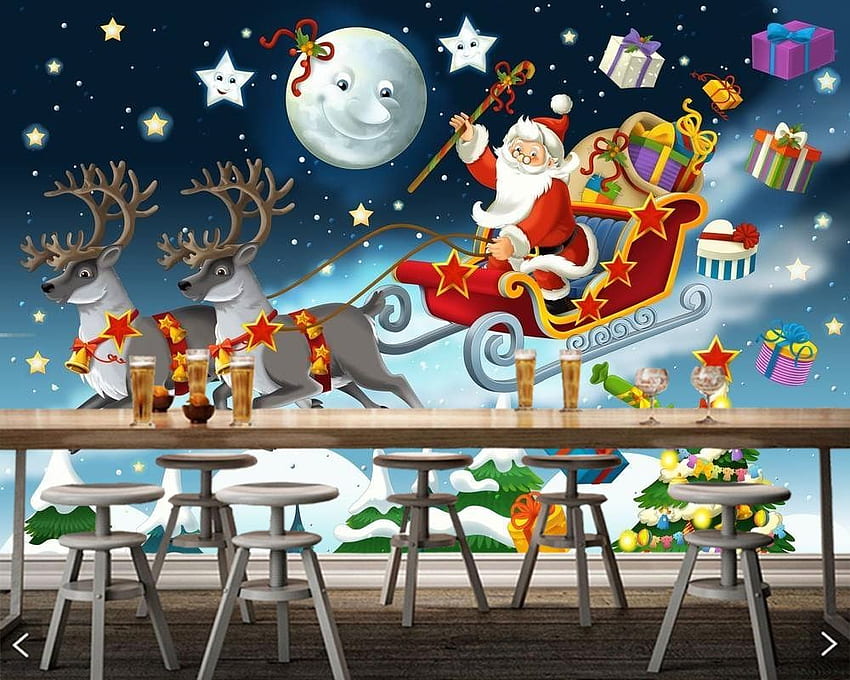 Papel de parede Christmas Santa Claus cartoon children , living room TV sofa wall bedroom restaurant cafe bar mural., Cartoon Reindeer HD wallpaper