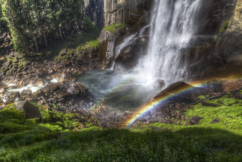 Natur, Steine, Regenbogen, Wasserfall, Fluss, Schatten, Farbe, Farben, Bach, Feuchtigkeit, Jet, Von oben, Oben, Jets HD-Hintergrundbild