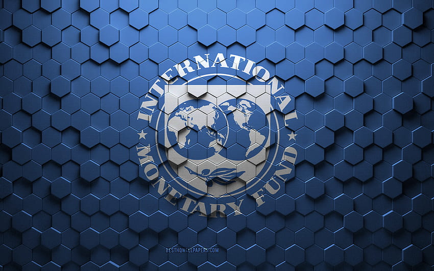 Bandera del Monetario Internacional, arte de panal, bandera de hexágonos del Monetario Internacional, arte de hexágonos 3d del Monetario Internacional, bandera del Monetario Internacional fondo de pantalla
