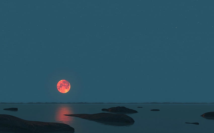 붉은 달, 푸른 바다, 여름, 보름달, 돌, 물, 해변 HD 월페이퍼