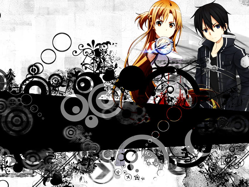 Kirito and Asuna 4:3 Black and White, Mixed Cartoon HD wallpaper