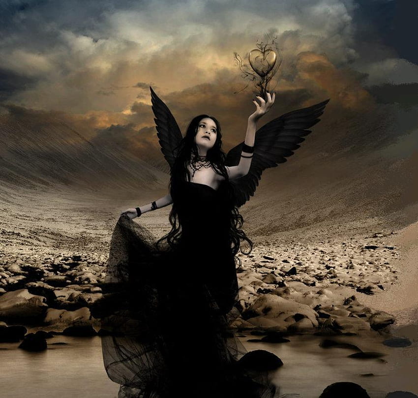 Empty Heart, wings, black, hop, angel, heart, dress, woman, empty HD wallpaper