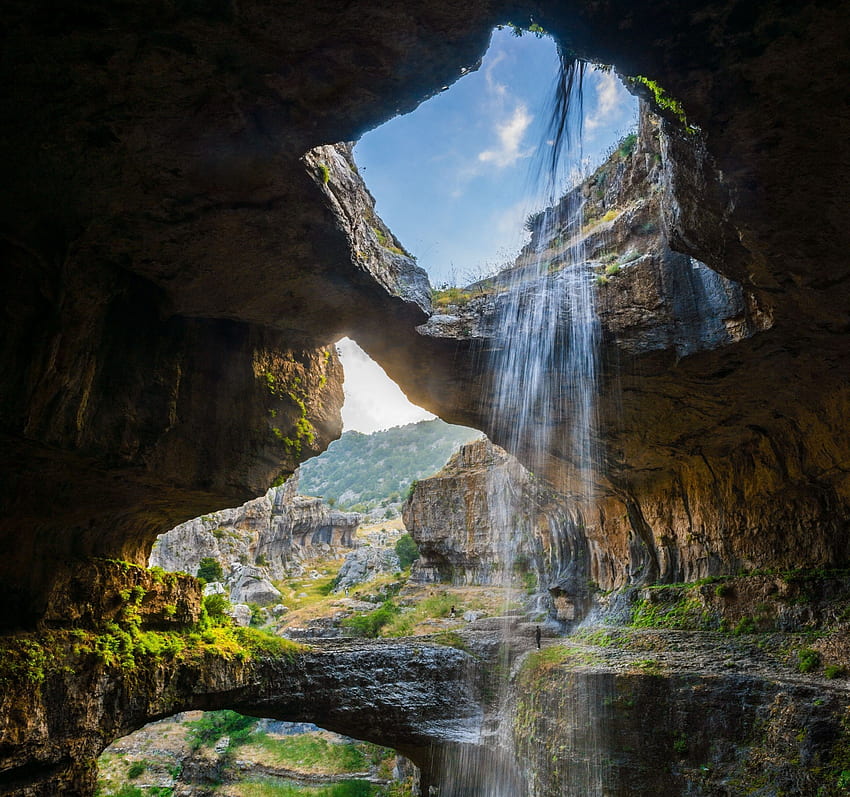 cave waterfall gorge lebanon erosion nature HD wallpaper