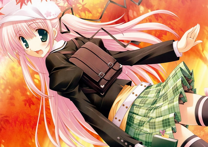 Cute, autumn, school uniform, school girl, anime HD wallpaper