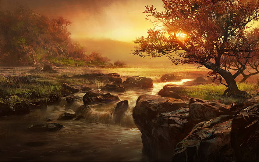 Концепция Sunset River от GuildWars, 2D Digital Art, Nature HD тапет